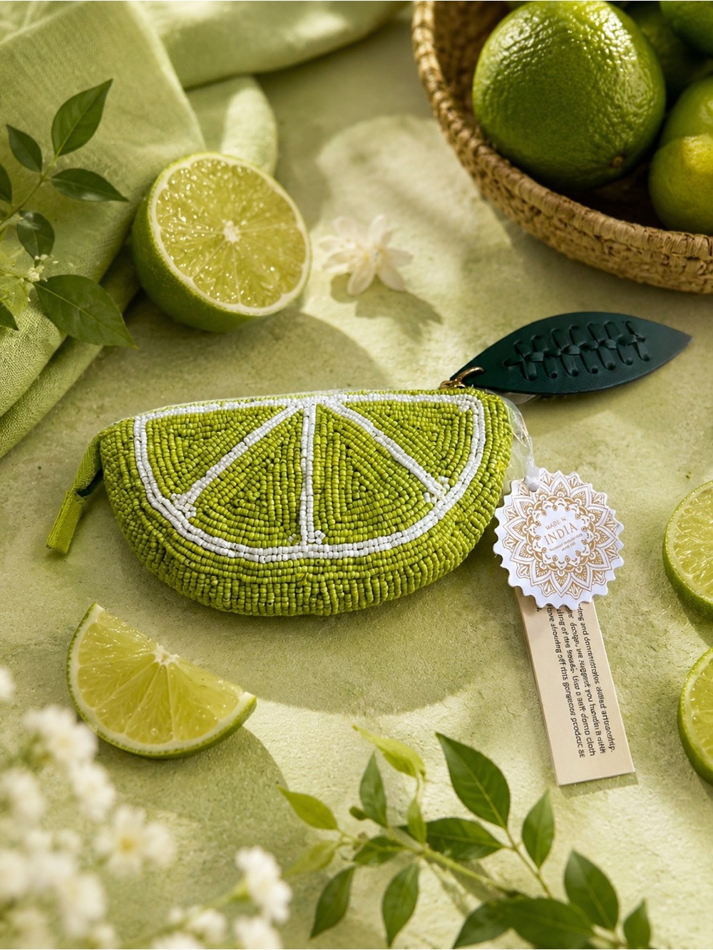 Beaded Lime Slice Coin Purse | Handmade Seed Bead Zipper Pouch | NWT
